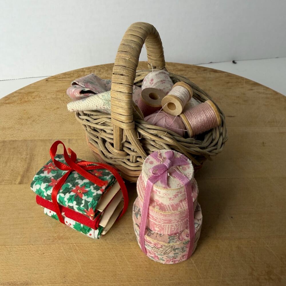 Dollhouse Miniature Sewing Basket Set Handmade Presents Fabric Cottagecore